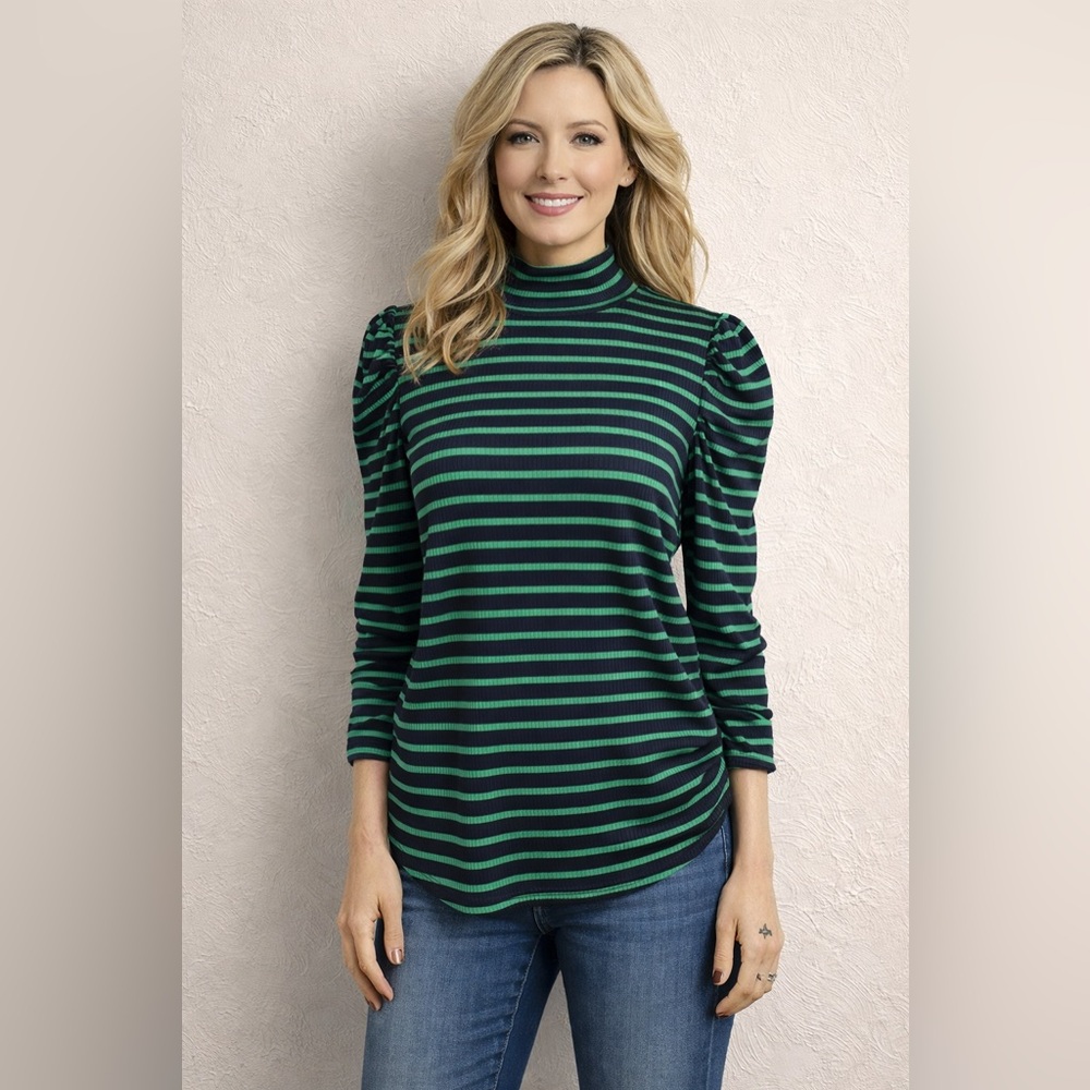 Coolmee Green & Black Striped Mock Neck Puff Sleeve Top | Size L